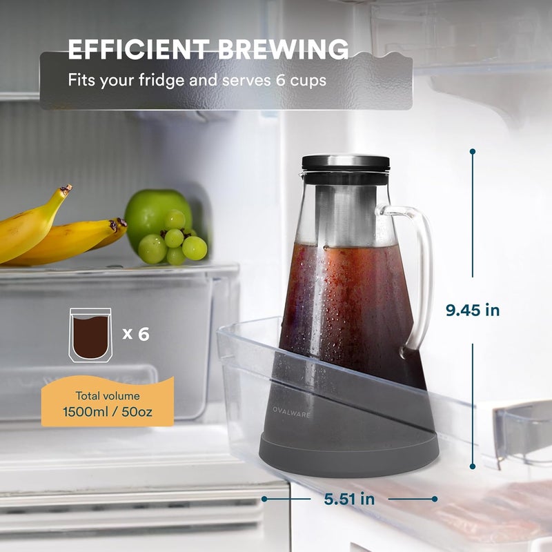ovalware Airtight Cold Brew Iced Coffee Maker Pitcher (& Iced Tea Maker) with Spout – 1.5L/ 51oz Brewing Glass Carafe with Removable Stainless Steel Filter - Image 2